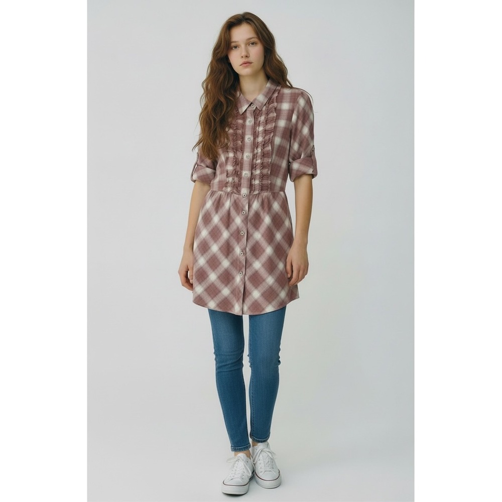 Odille Anthropologie Mauve Plaid Ruffle Button Down Tunic Roll Tab Sleeve Size 6